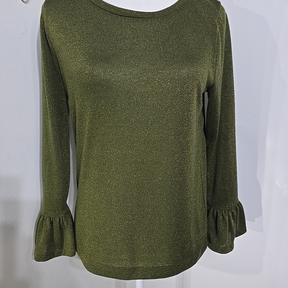J Crew Womens Green Sparkle Gold Shimmer Bell Sleeve Blouse - Picture 2 of 7
